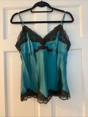 Gold Hawk teal  & chocolate brown Satin Lace Trim Cami Top
